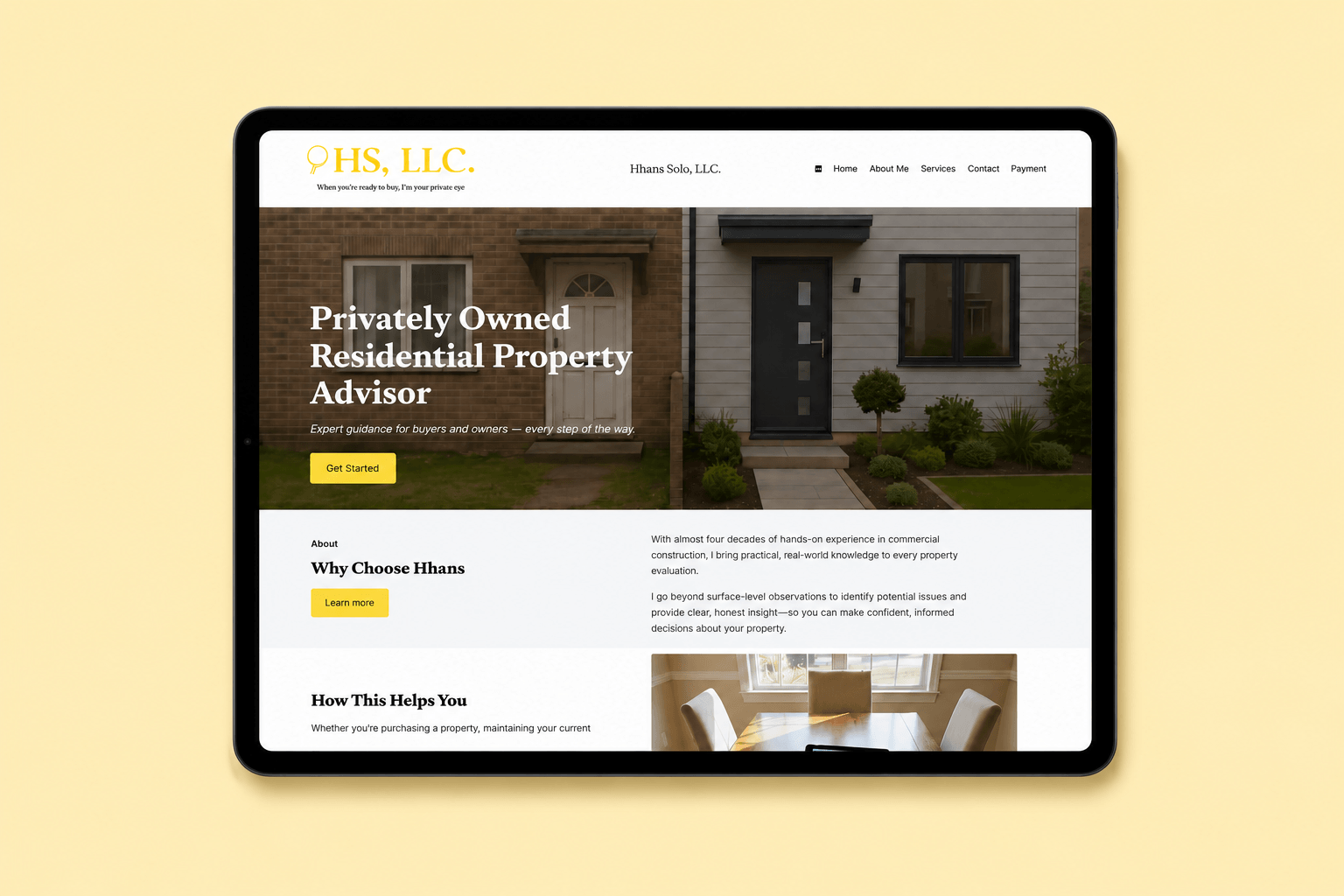 Hhans Solo LLC residential property advisory website shown on a tablet
