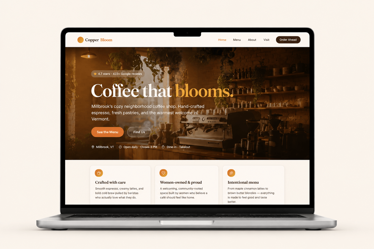 Cooper Bloom cafe website designed by Ohana Web Studio, shown on a laptop