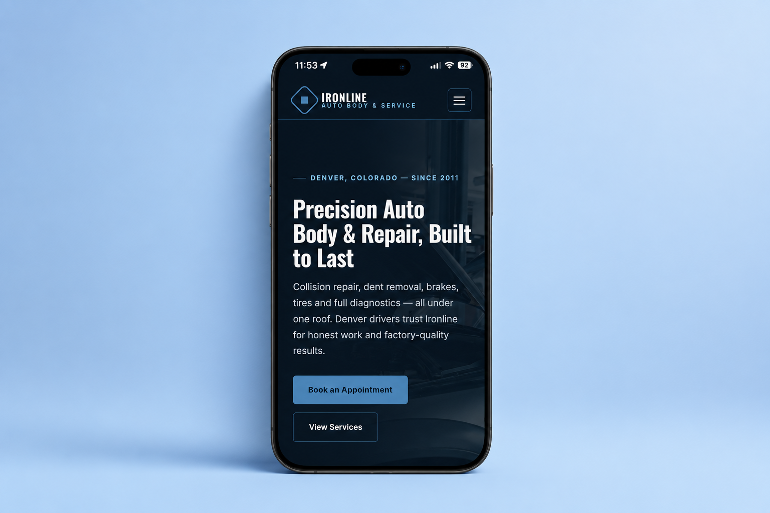 Ironline Auto Body and Service website homepage screenshot